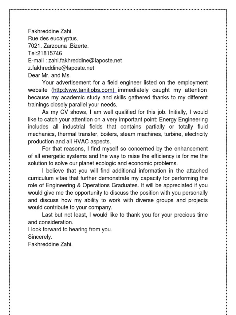 Field Engineer Cover Letter Example | PDF | Engineering | Mechanical ...