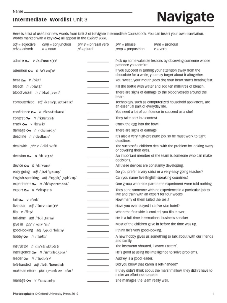 Navigate Intermediate Wordlist Unit 3 | PDF | Languages | Foreign ...