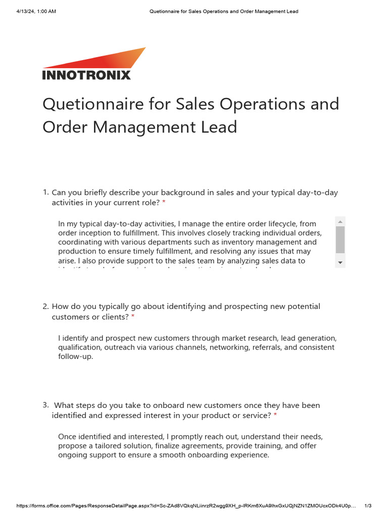 Sales Operations Lead Questionnaire | PDF | Negotiation | Sales