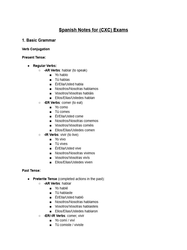 Spanish Notes For (CXC) Exams | PDF