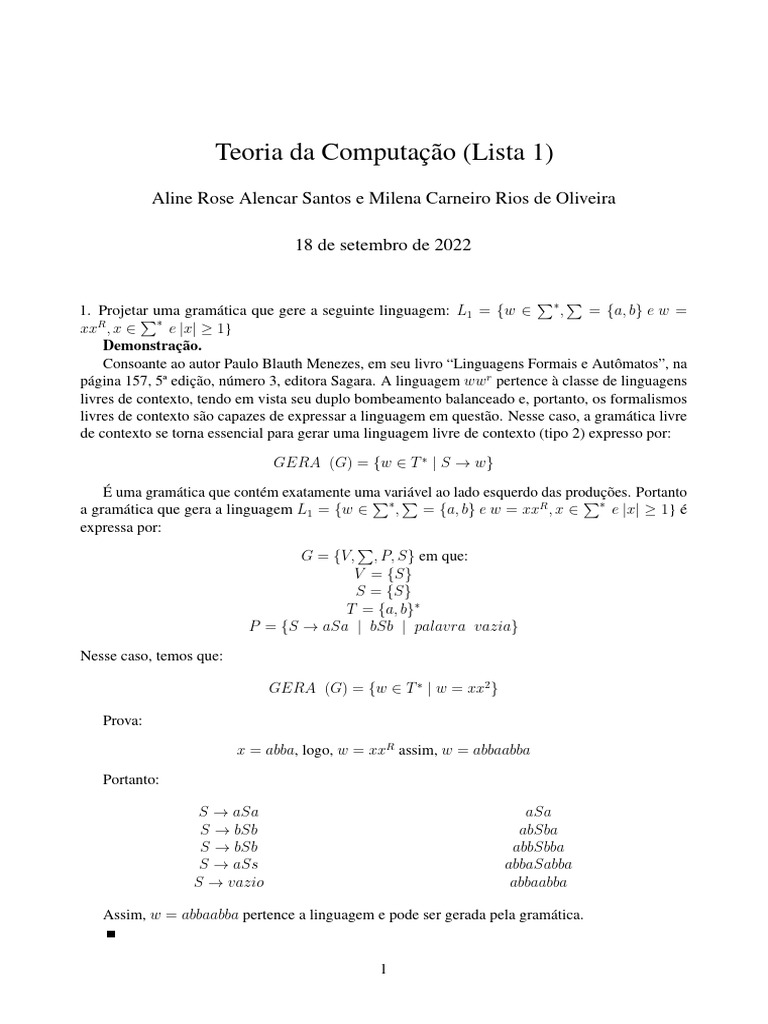 Lista 1 Teoria Da Computa o Aline e Milena | PDF | Matemática | Ciência ...