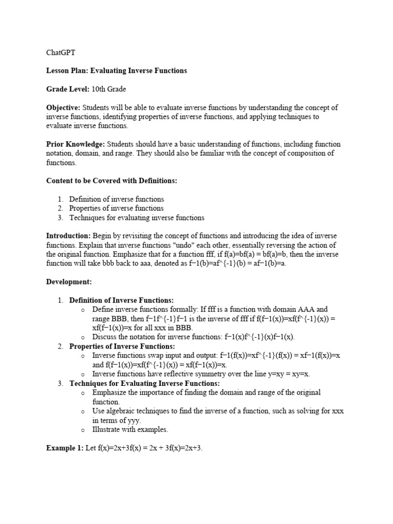 Inverse Functions Lesson Plan | Download Free PDF | Function ...