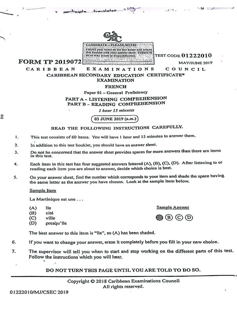 Csec french june 2019 paper 1 question paper pdf