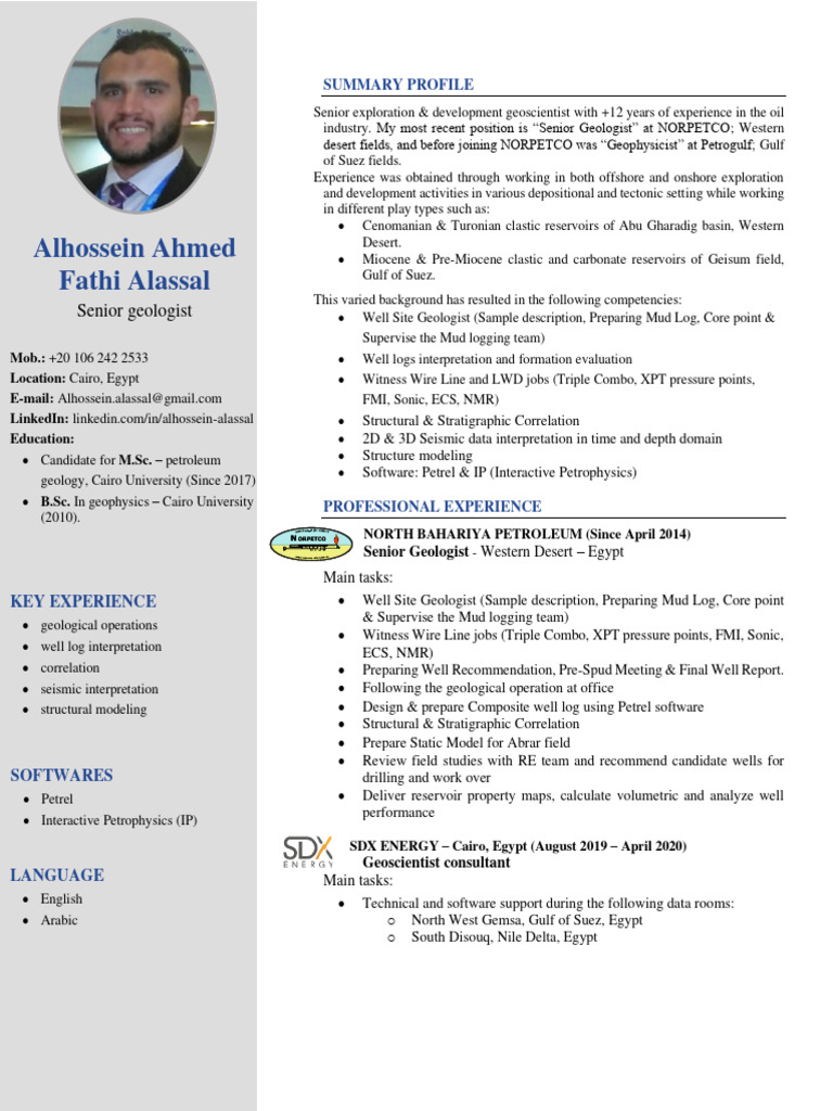 Senior Geoscientist Profile: Alassal | PDF | Geology | Petroleum Reservoir
