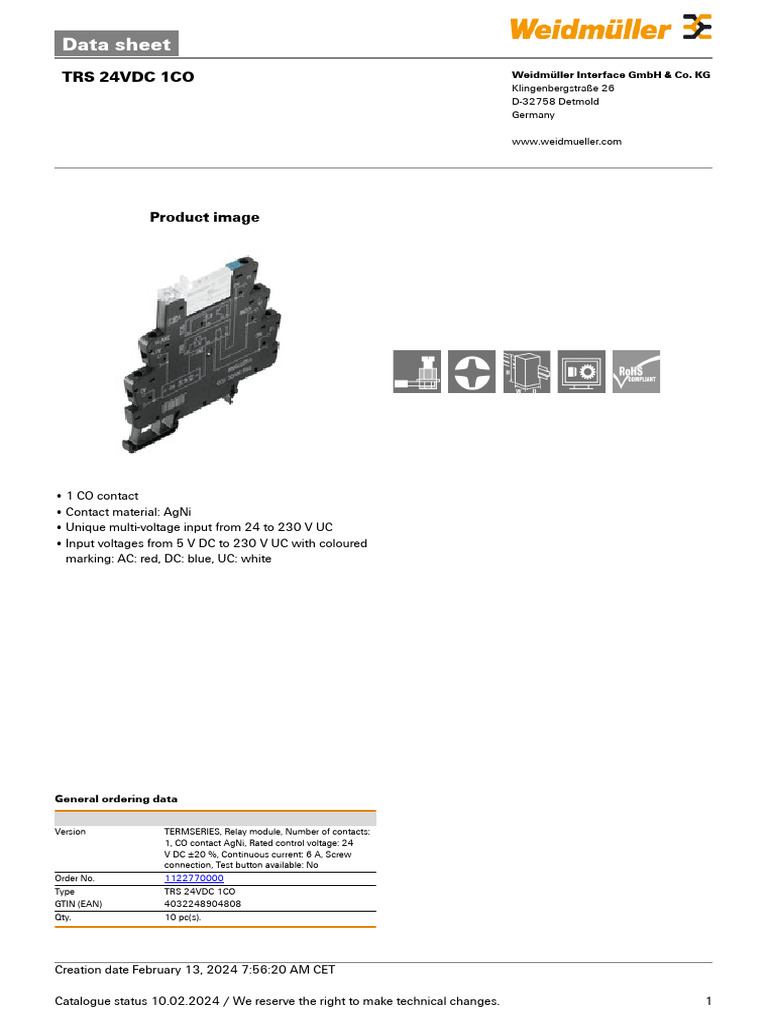 TRS 24VDC 1CO Relay Module Data Sheet | PDF | Wire | Relay