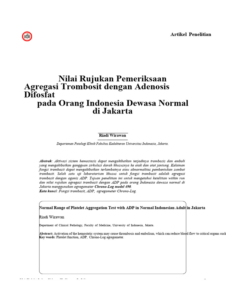 Nilai rujukan pemeriksaan agregasi trombosit dengan adenosis difosfat