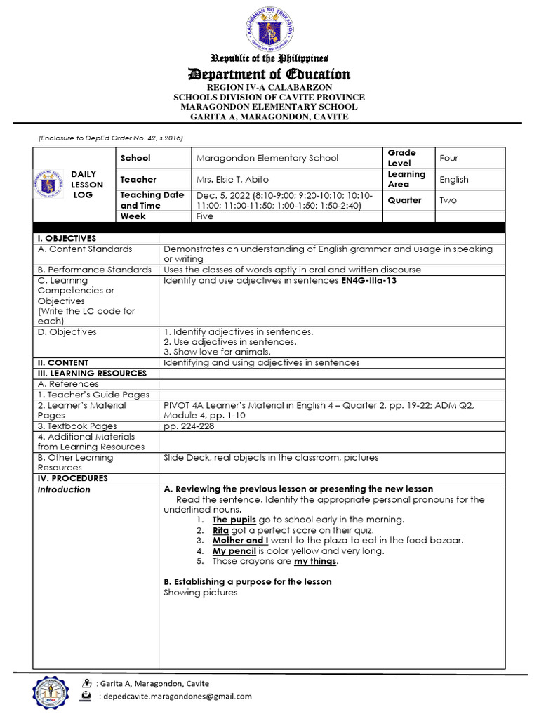 DLL Idea Format w5 d1 q2 | PDF | Adjective | English Language