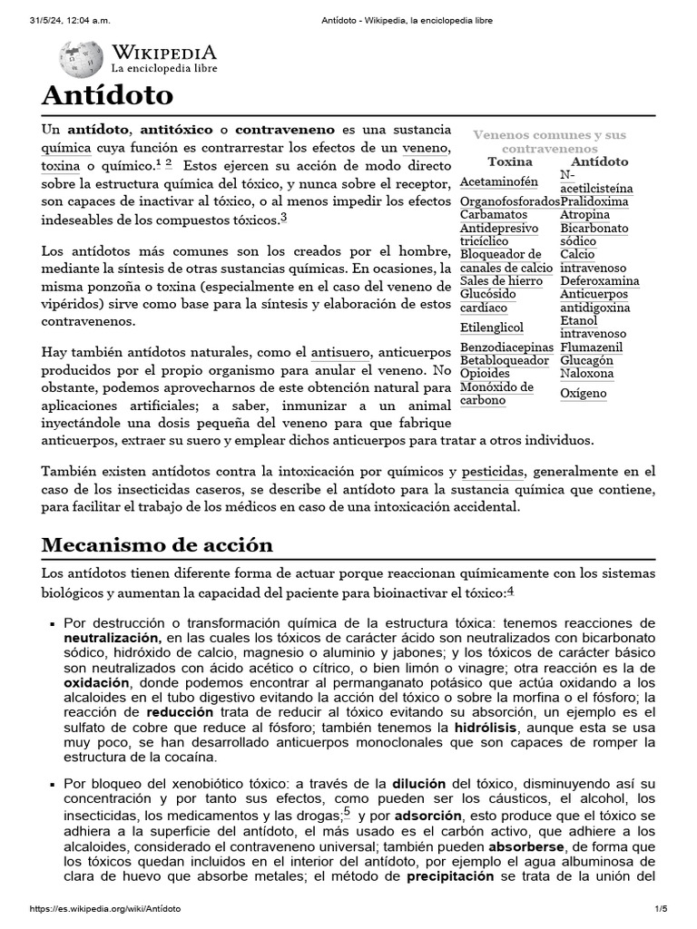 Antídotos y su Mecanismo de Acción | PDF | Química | Sustancias químicas