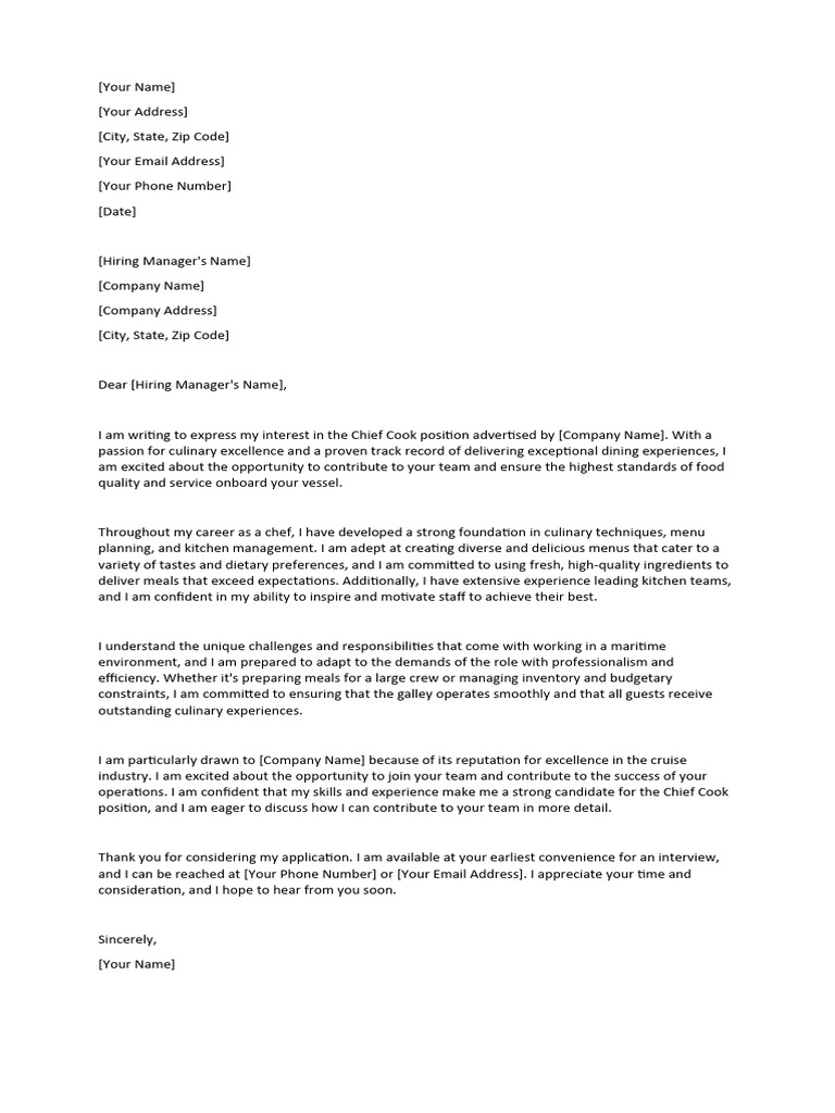 Cover Letter For Chief Cook | PDF