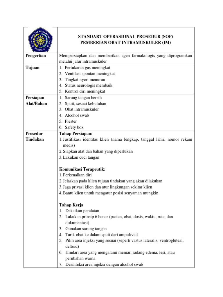 SOP Pemberian Obat Injeksi IM | PDF | Kesehatan Holistik | Sains ...