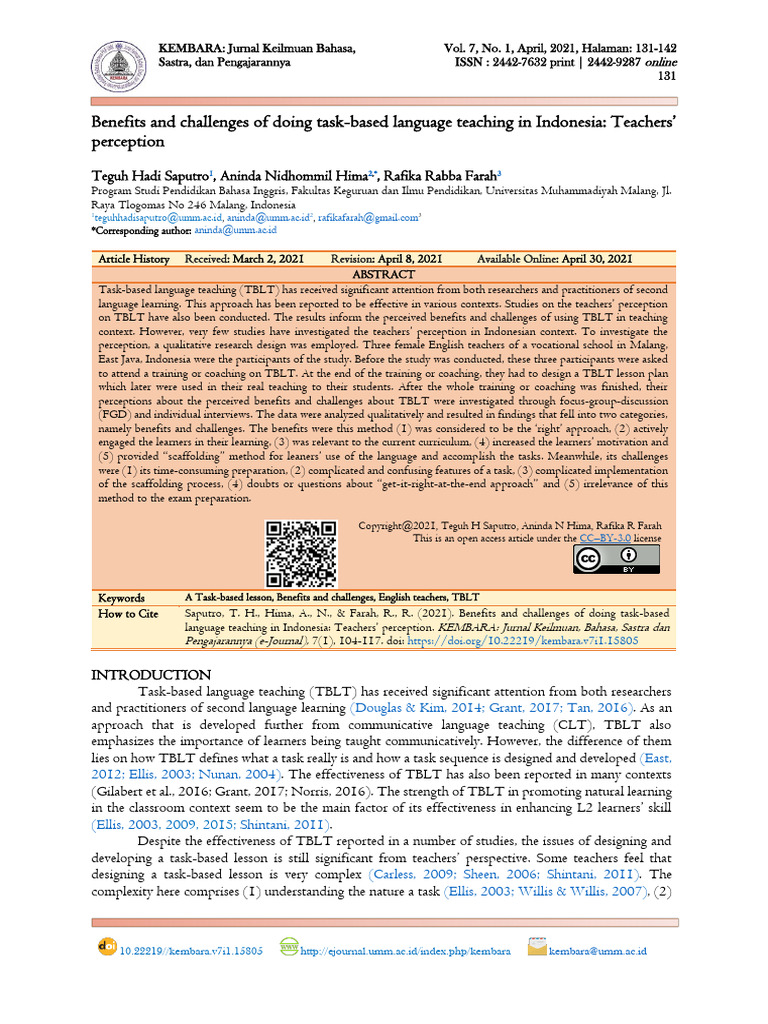 Benefits and Challenges of Doing Task-Based Langua | PDF | Teachers ...