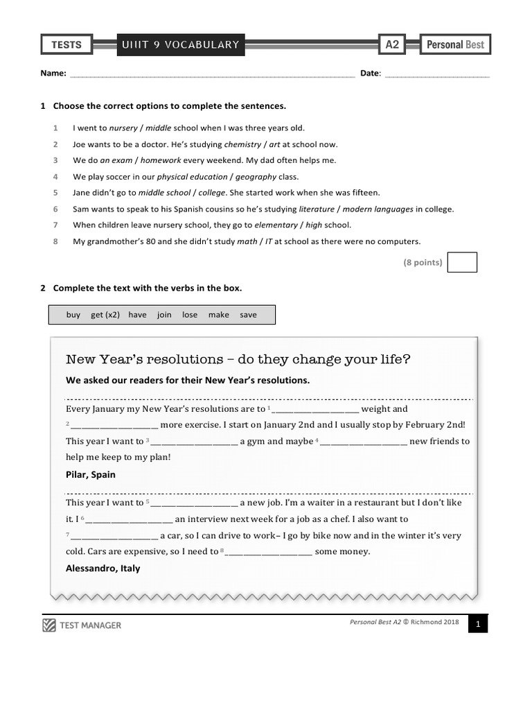 Personal Best A2 Unit 9 Vocabulary Test Download Free Pdf