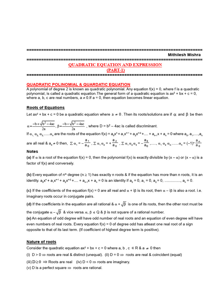 Quadratic Equation Part-1 | PDF | Quadratic Equation | Equations
