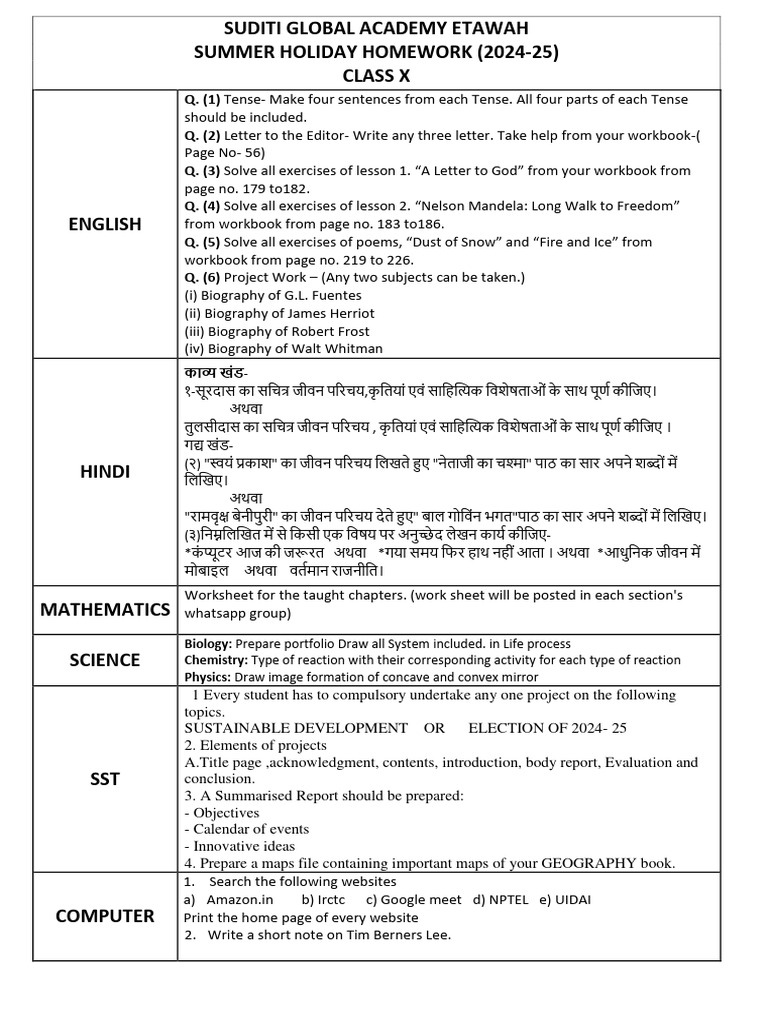 Summer Holiday Work 10th Pdf
