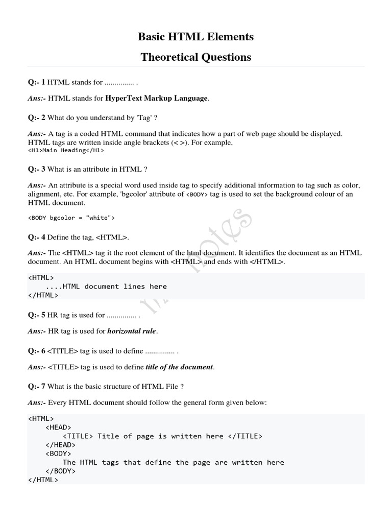 Basic HTML Elements Theoretical Questions: Main Heading | Download Free ...