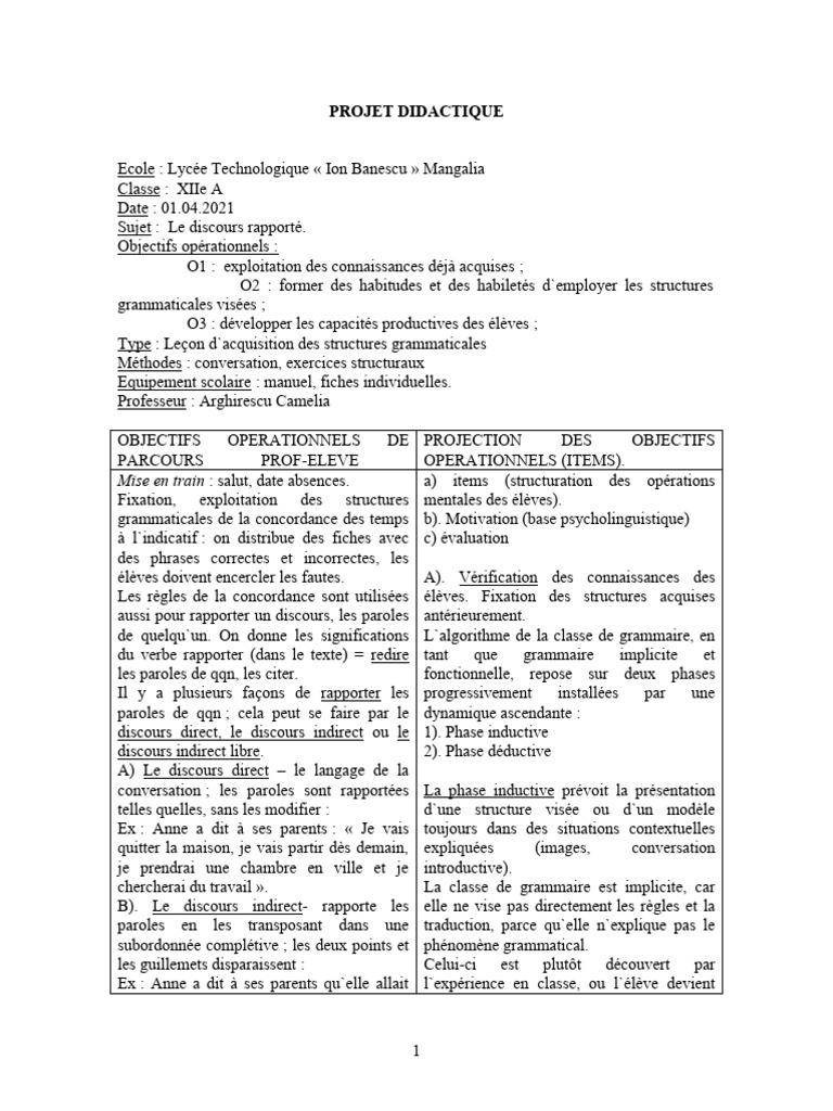 Leçon sur le discours rapporté en français | PDF | Grammaire | Adverbe