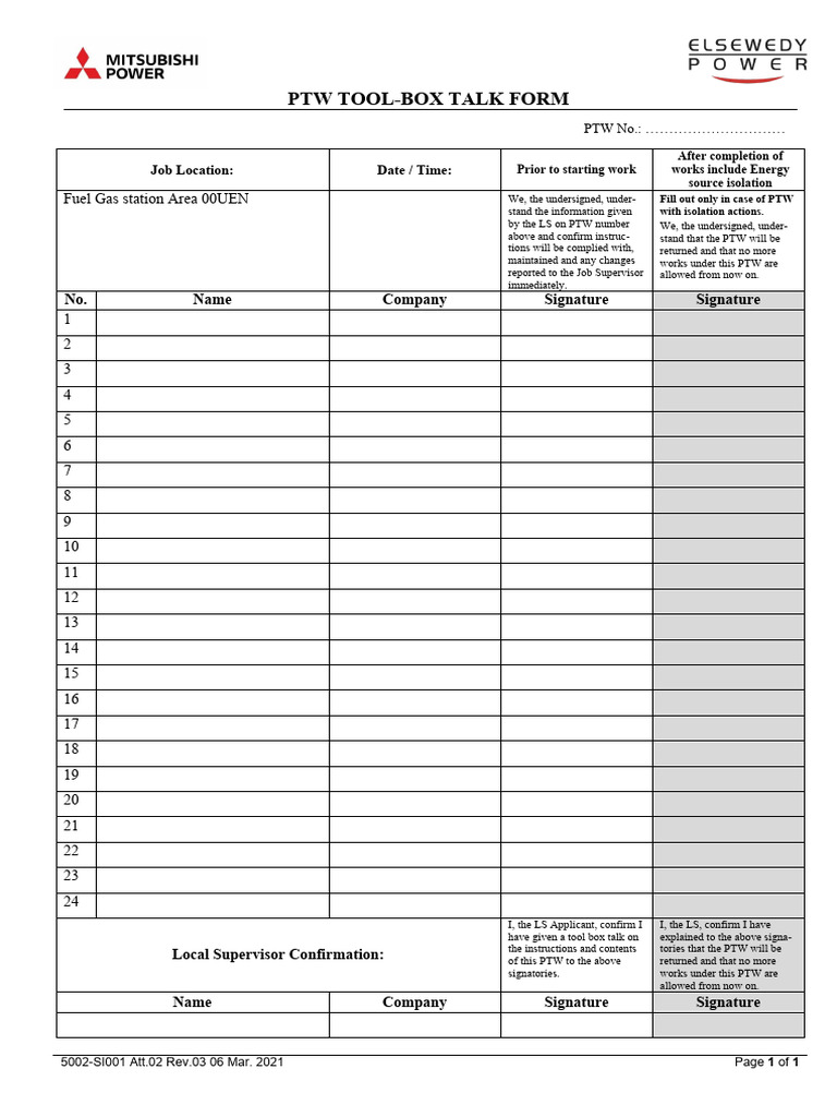 7.2 Att. 02 PTW Tool-Box Talk Form | PDF | Chemical Energy Sources | Fuels