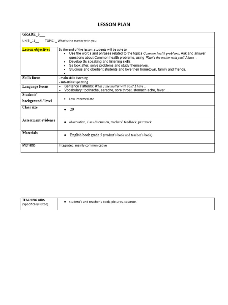 Grade 5 Health Problems Lesson Plan | PDF