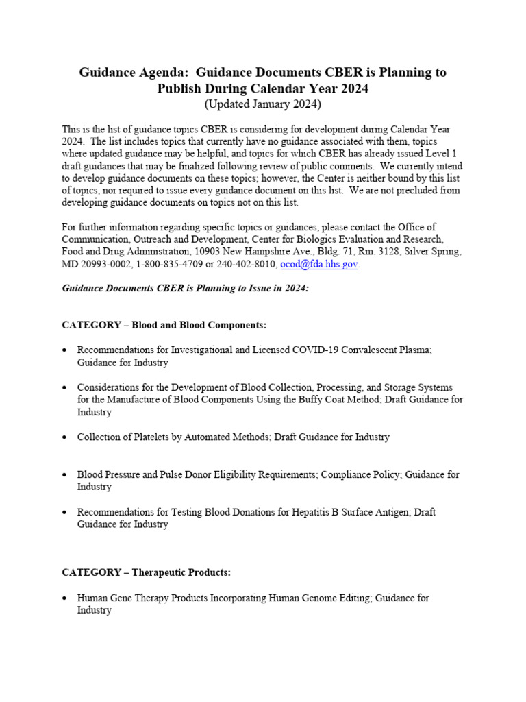 CBER Guidance Agenda 01-2024 | PDF | Blood Donation | Life Sciences