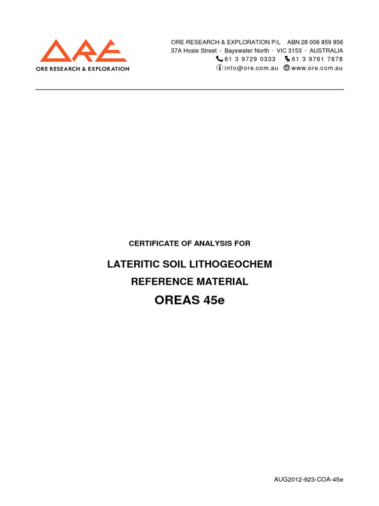 OREAS 45e Certificate | Download Free PDF | Manganese | Chemistry