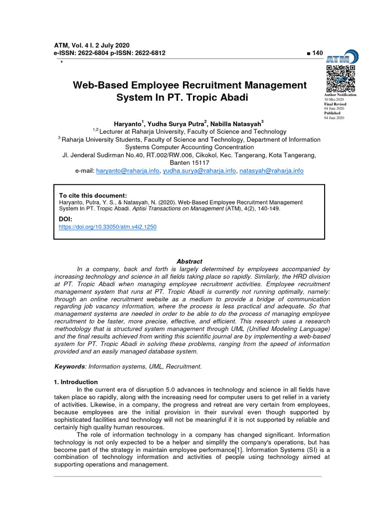 Web-Based Recruitment System for PT. Tropic Abadi | PDF | Recruitment ...