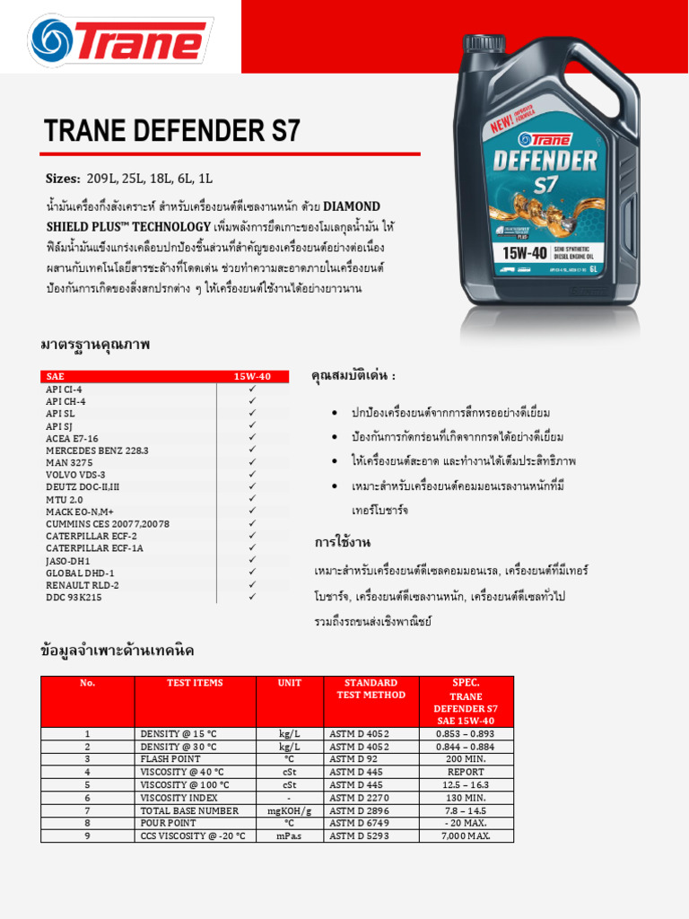 (TH) Trane Defender S7 15W-40 Spec Sheet (TDS) | PDF