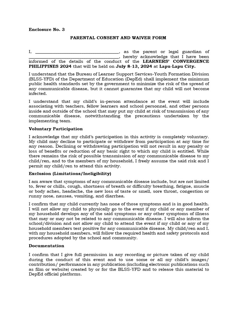Enclosure No. 3 - Parental Consent and Waiver Form | PDF | Infection ...