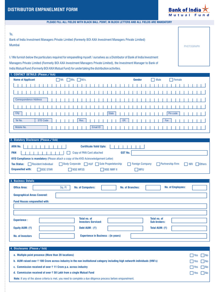 Bank of India Distributor Empanelment Form | PDF | Indemnity | Stocks