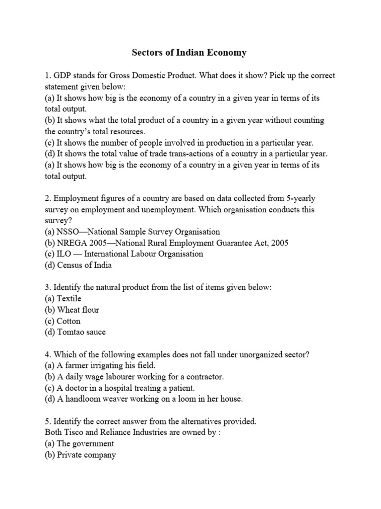 MCQs on Indian Economy Sectors | PDF | Gross Domestic Product | Employment
