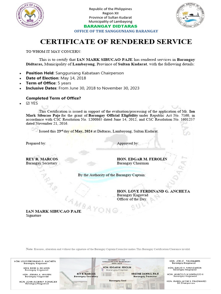 Barangay Cert of Rendered Service | PDF