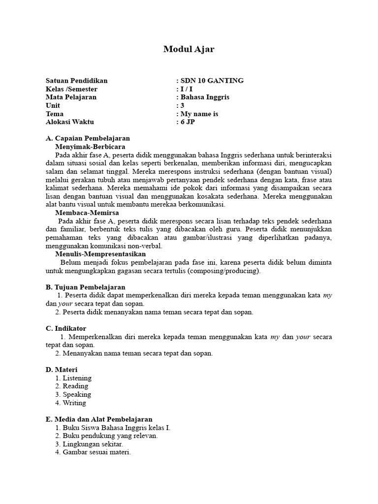 Modul Ajar Kelas 1 Unit 3 Pdf