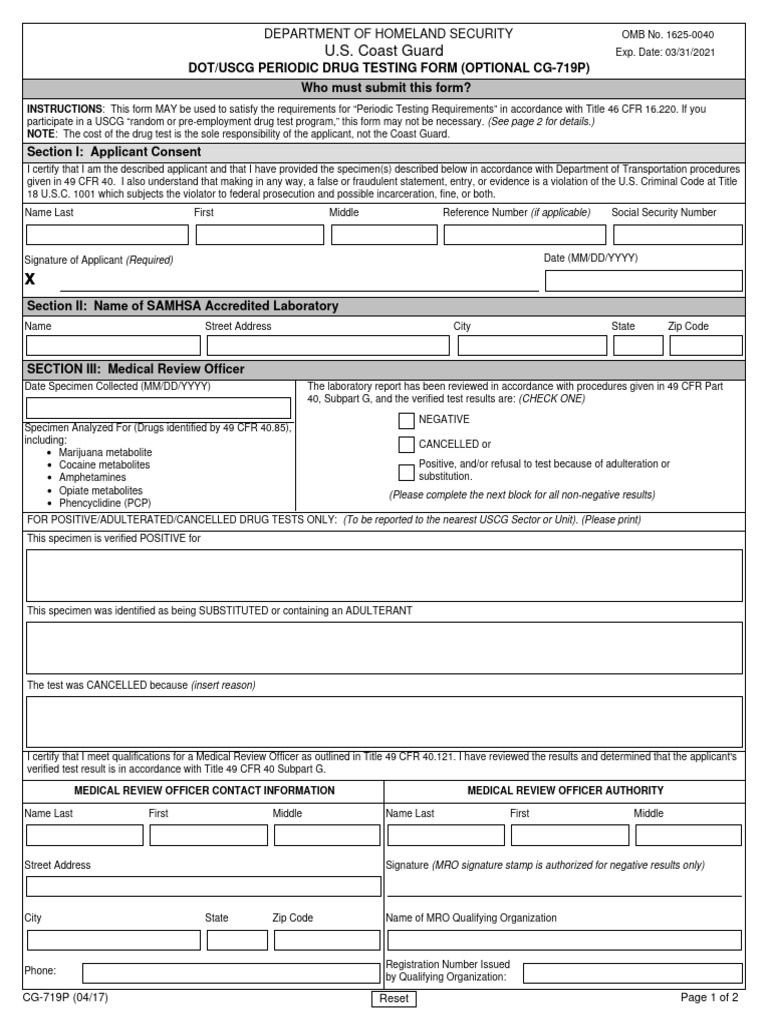 Coast Guard Drug Testing Form CG-719P | PDF | Drug Test | Federal ...