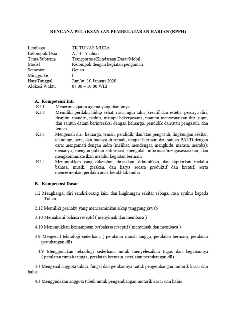 RPPH TK Tunas Muda: Tema Transportasi | PDF
