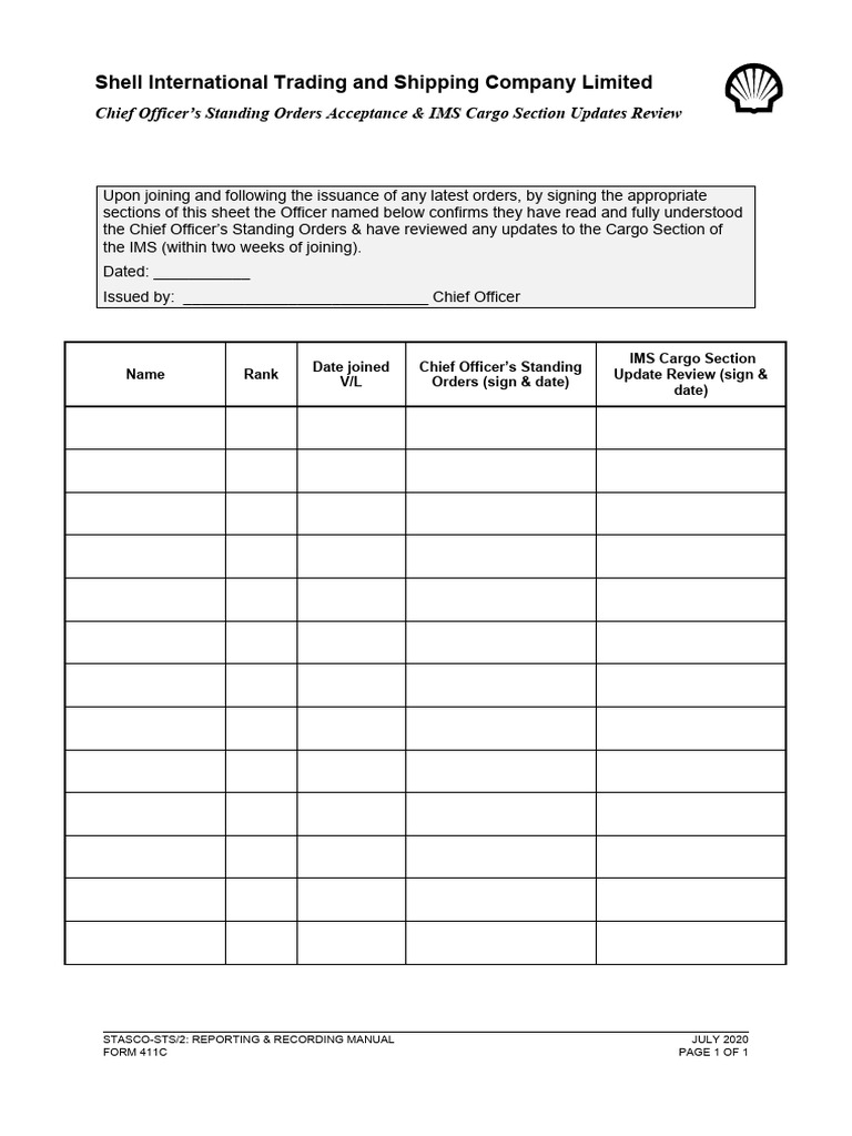 Form 411C Chief Officers Standing Orders Acceptance & Cargo Sections ...