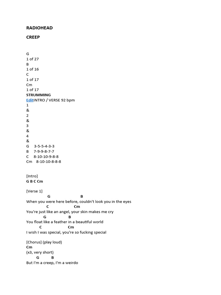 Radiohead Creep Chords and Lyrics | PDF
