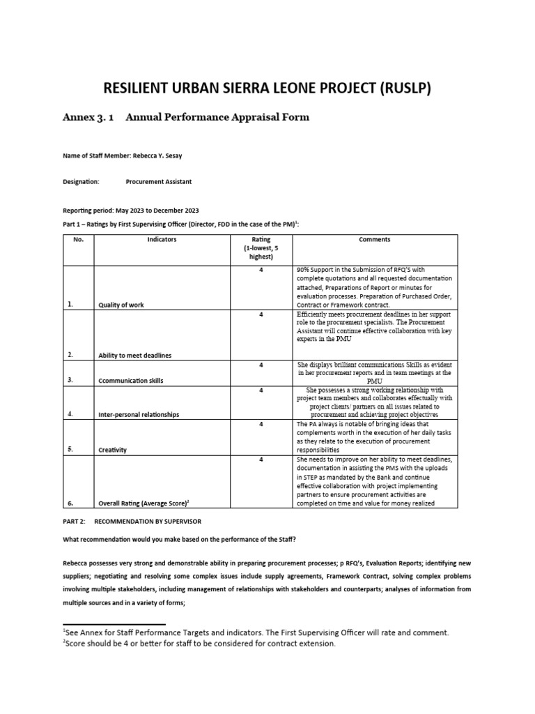 Annual Staff Performance Appraisal Form-PMU-REBECCA Y. SESAY 1 | PDF ...