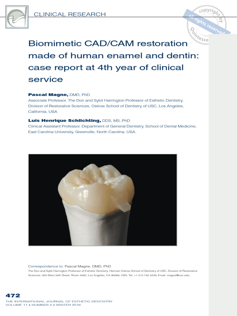 Biomimetic CAD/CAM Restorations in LA | PDF | Dental Degree | Dentistry
