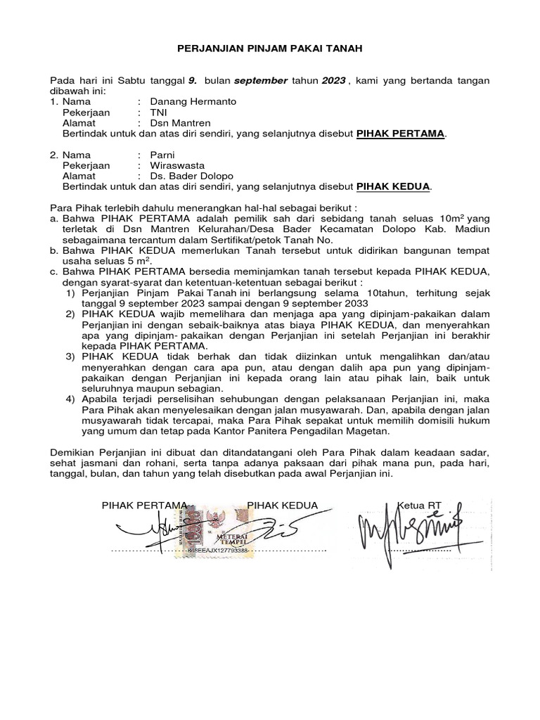 Perjanjian Pinjam Pakai Tanah Pdf
