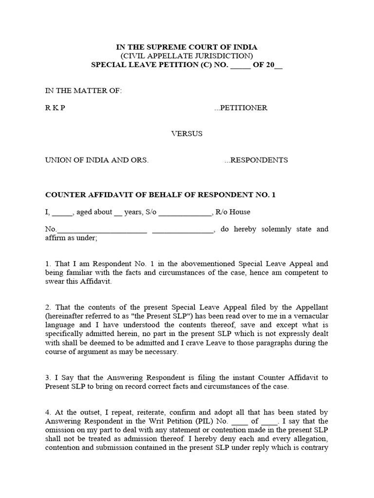 Format of Counter Affidavit Against Special Leave Petition (SLP) Under