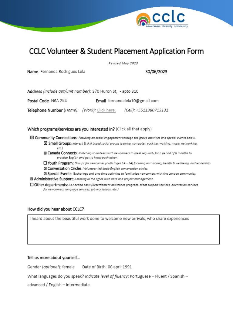 CCLC Volunteer Student Application Form 2024 | PDF | Tourism | Social Media