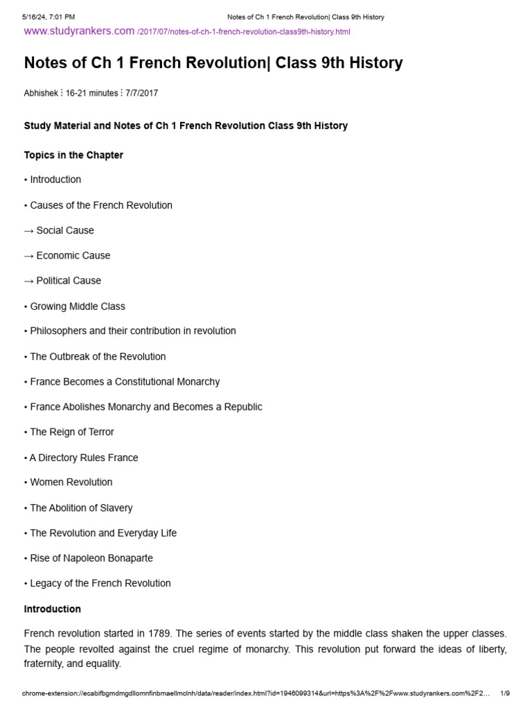 Notes of ch 1 french revolution class 9th history pdf french