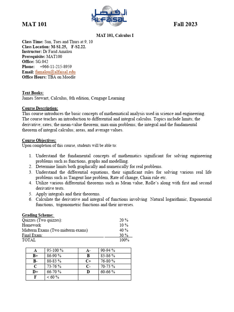 MAT 101 Syllabus Fall 2023 | PDF | Integral | Calculus