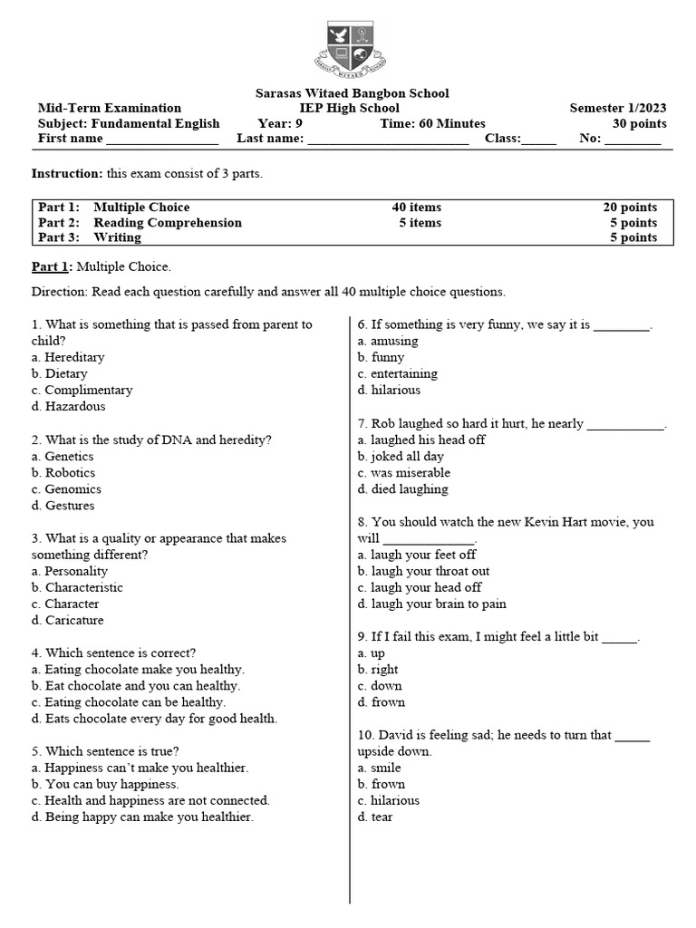 Grade 9 English Mid-Term Exam 2023 | PDF | Verb | Multiple Choice