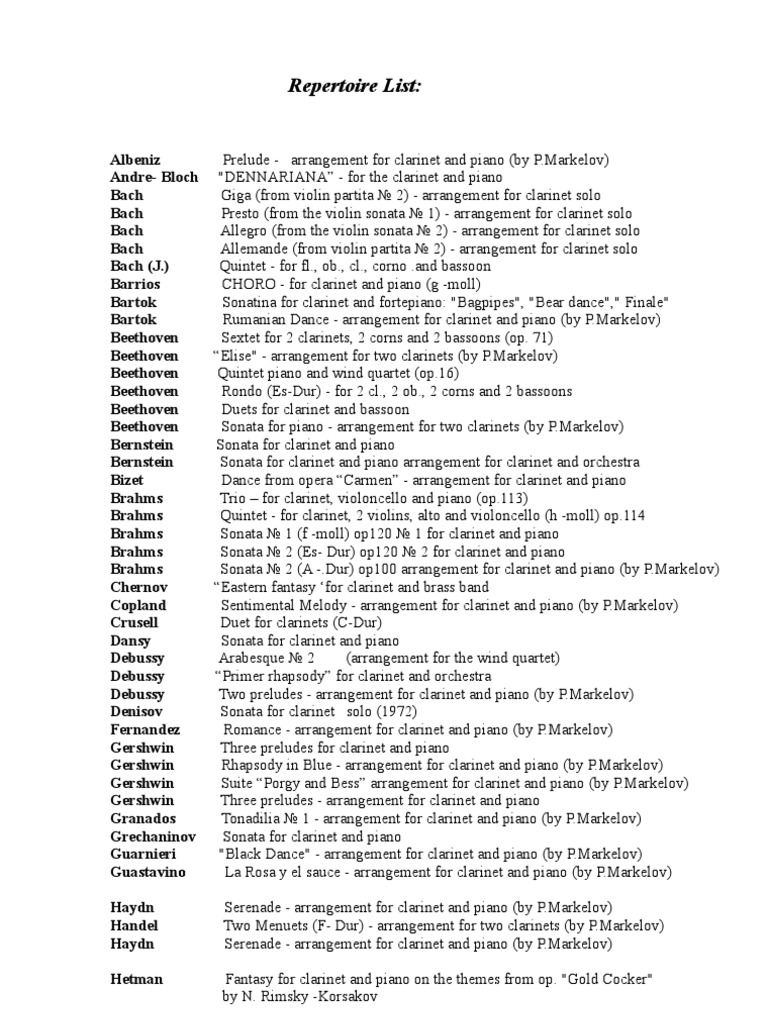 Repertoire List PDF Johannes Brahms Sonata