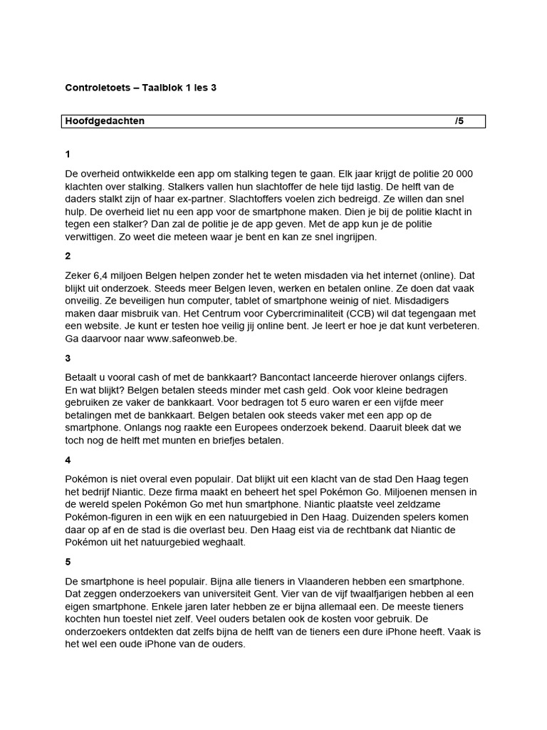 Toets Les 3 Hoofdgedachten | PDF