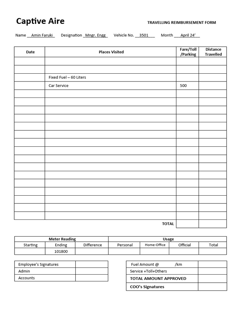 Captive Aire Travel Reimbursement Form | PDF