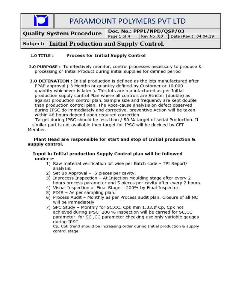 Initial Production Control Procedure | PDF | Quality Management System