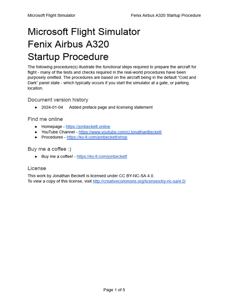 Fenix Airbus A320 Startup Procedure PDF Takeoff Transport
