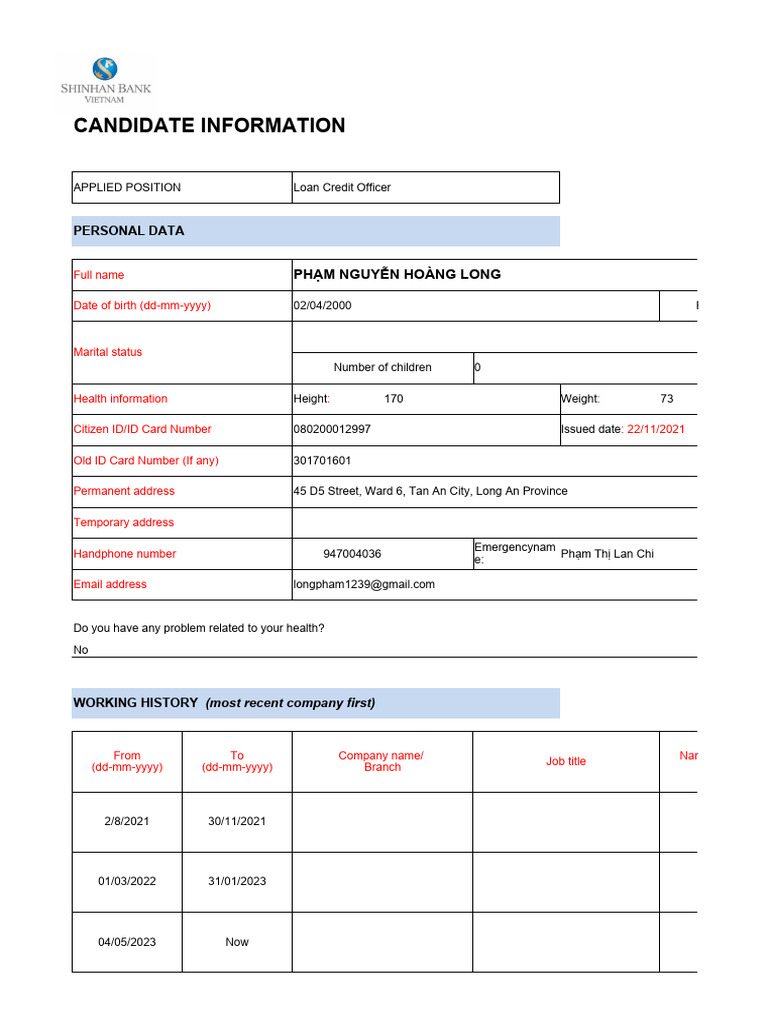 Candidate Information Form for Loan Officer | PDF