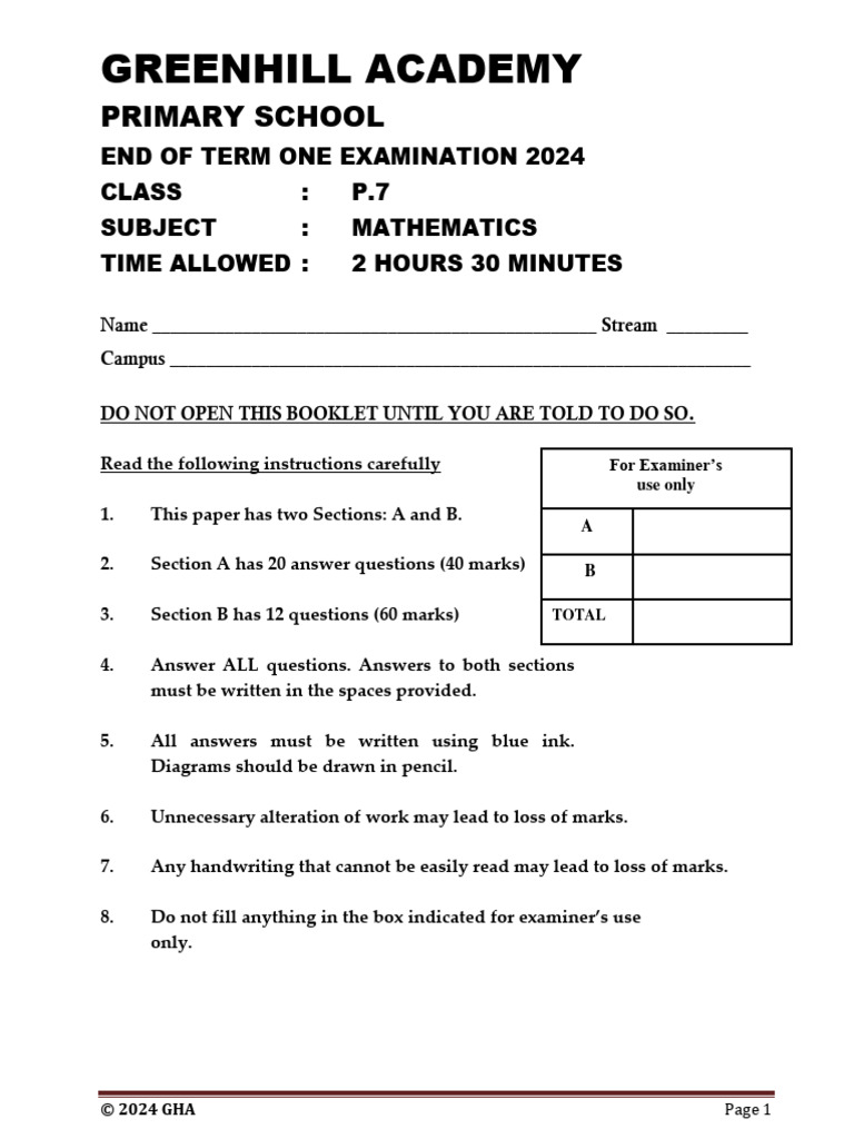P.7 Mathematics Exam 2024 | PDF